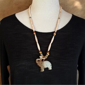 Vintage Boho Elephant Artisan Necklace Carved Stone Pendant Bead Tribal Style